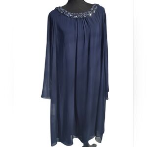 SLNY Navy Blue Evening Chiffon Sequin Neck Sheer Bell Sleeve Dress - Size 18W